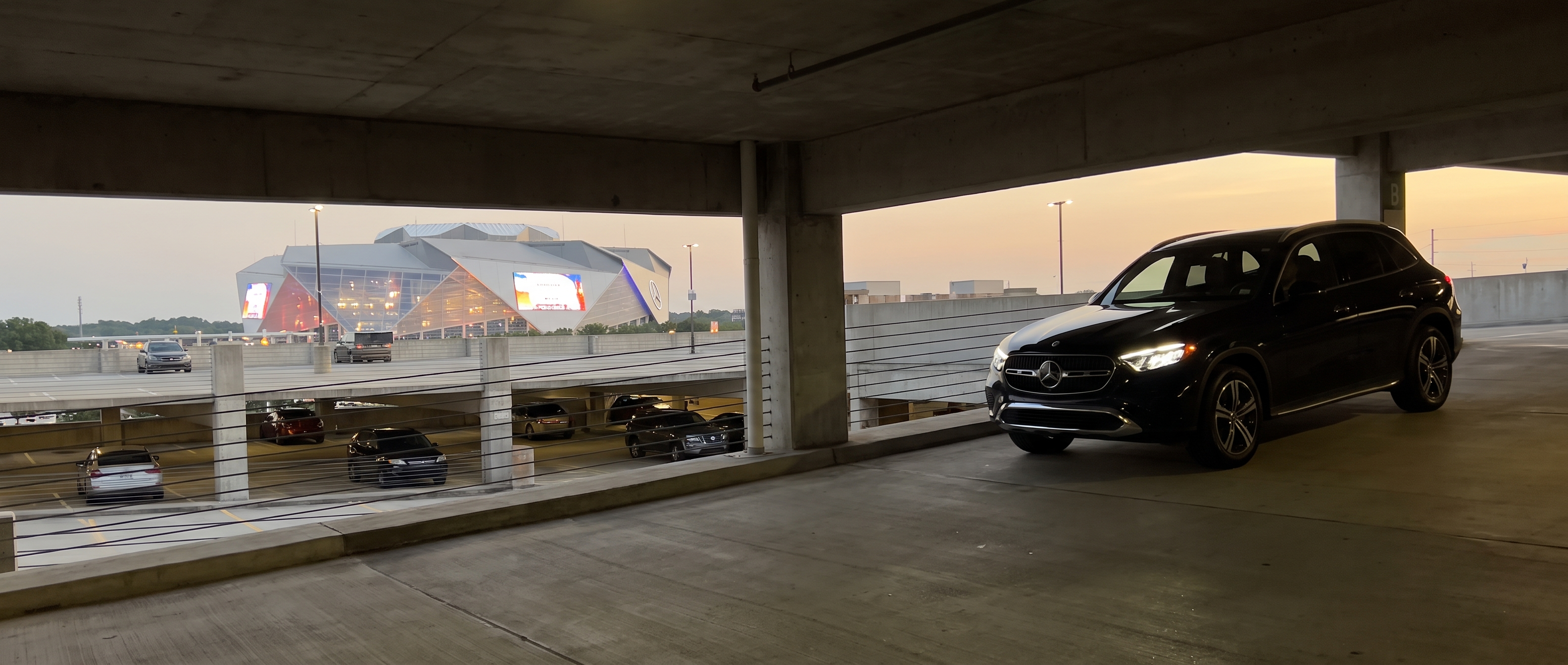 2026 Mercedes-Benz GLC parked in a covered event parking deck near Gas South Arena in Duluth, GA